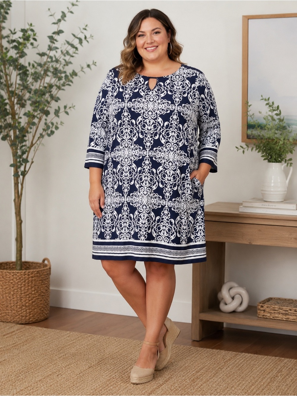 Blooming Rose Shift Dress White Damask Pattern On Navy Blue Background 2X